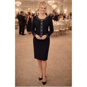 Vintage Toula Black Wool Skirt Suit Set Gold Trim USA Size 12 Classic